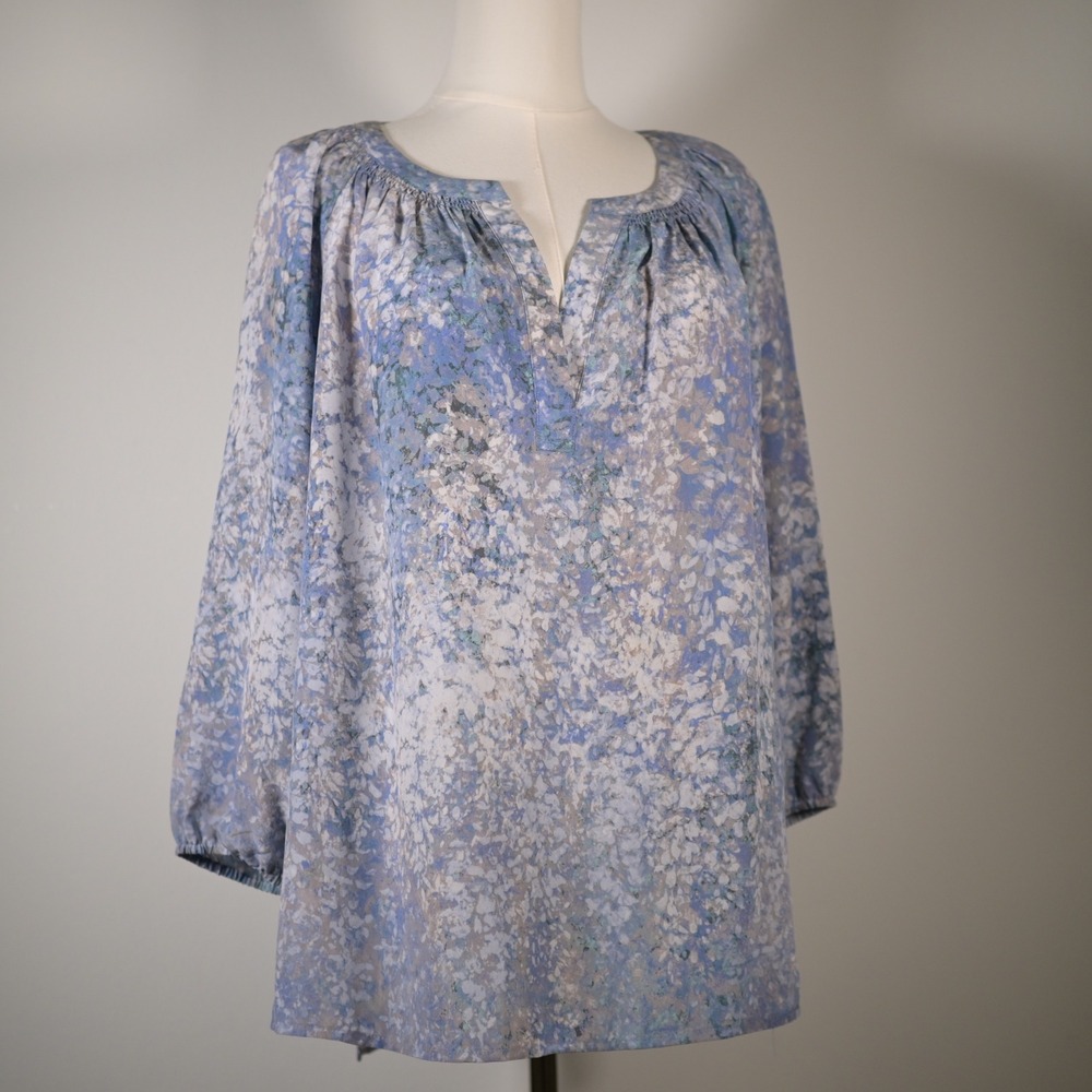 Cynthia Rowley Blue Floral 100% Silk Split Neck Blouse Top L Large